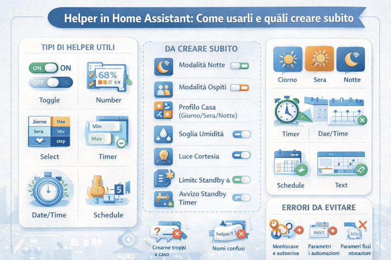 Infografica premium sugli helper di Home Assistant che mostra i tipi di helper più utili (toggle, number, select, timer, schedule), quali creare subito come modalità notte e profilo casa, esempi pratici di utilizzo ed errori comuni da evitare per automazioni più ordinate e affidabili.