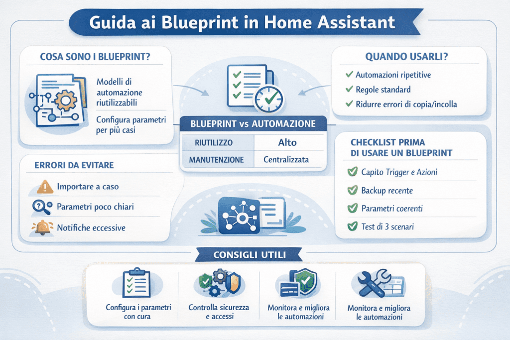 Infografica premium sui blueprint di Home Assistant che spiega cosa sono, quando usarli, differenze con le automazioni, errori da evitare e checklist pratica per configurarli correttamente in una smart home.