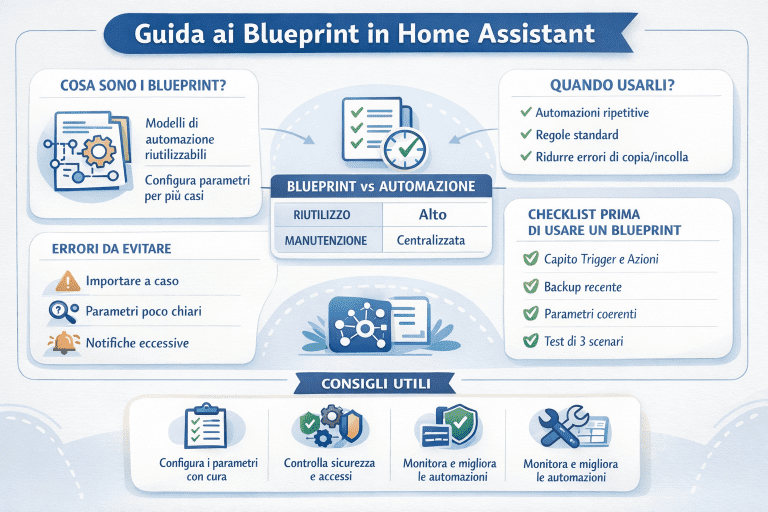 Infografica premium sui blueprint di Home Assistant che spiega cosa sono, quando usarli, differenze con le automazioni, errori da evitare e checklist pratica per configurarli correttamente in una smart home.