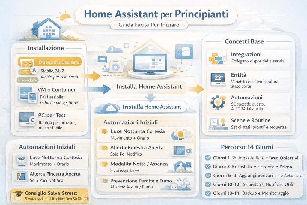 Infografica “Home Assistant per principianti – guida facile per iniziare” in stile premium con colori chiari. L’immagine spiega come iniziare con Home Assistant mostrando le opzioni di installazione (dispositivo dedicato consigliato, macchina virtuale o container, PC solo per test), i concetti base come integrazioni, entità, automazioni e scene, e le prime automazioni utili per i principianti (luce notturna con movimento, avviso finestra aperta, modalità notte/assenza, prevenzione perdite d’acqua e fumo). Include anche un percorso guidato di 14 giorni per partire senza stress, dalla preparazione della rete fino a backup e monitoraggio della smart home.