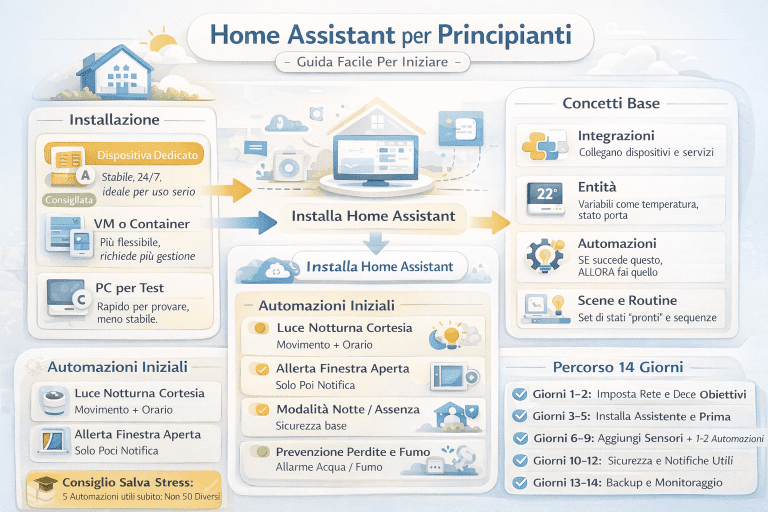 Infografica “Home Assistant per principianti – guida facile per iniziare” in stile premium con colori chiari. L’immagine spiega come iniziare con Home Assistant mostrando le opzioni di installazione (dispositivo dedicato consigliato, macchina virtuale o container, PC solo per test), i concetti base come integrazioni, entità, automazioni e scene, e le prime automazioni utili per i principianti (luce notturna con movimento, avviso finestra aperta, modalità notte/assenza, prevenzione perdite d’acqua e fumo). Include anche un percorso guidato di 14 giorni per partire senza stress, dalla preparazione della rete fino a backup e monitoraggio della smart home.