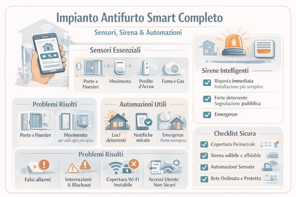 Infografica su impianto antifurto smart completo con sensori, sirena e automazioni: componenti essenziali, profili casa/notte/assente, automazioni di sicurezza, affidabilità senza internet e checklist per un sistema antifurto domestico efficace.