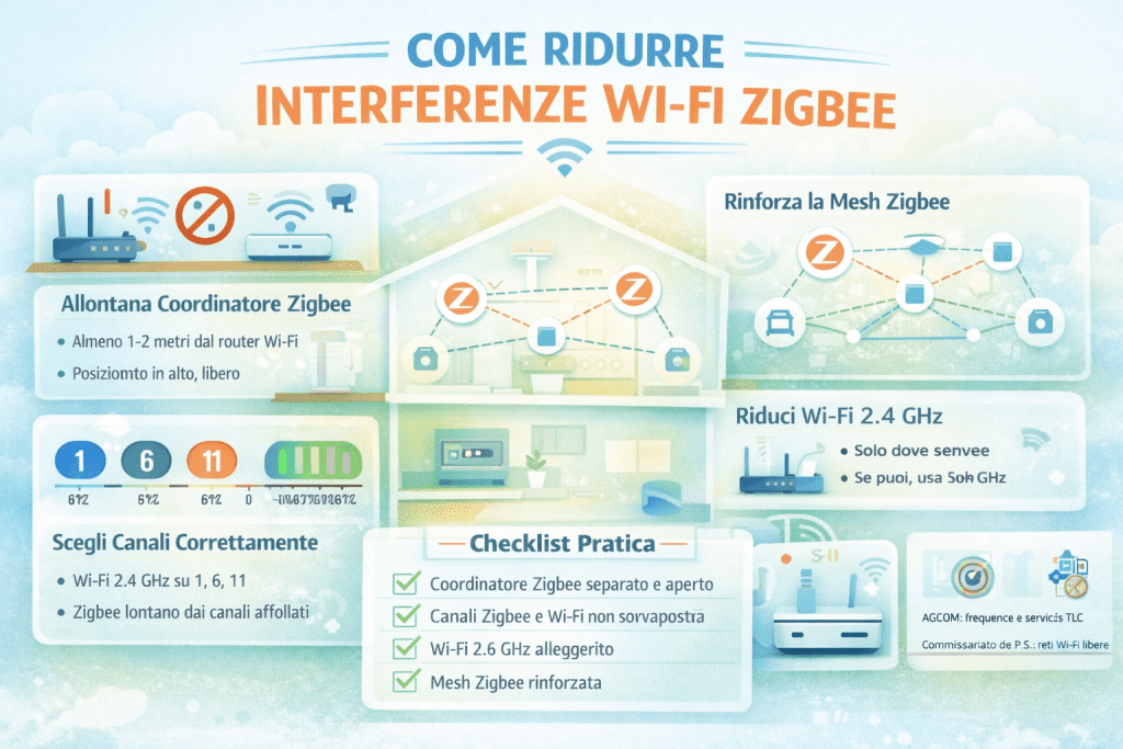 Infografica premium su come ridurre le interferenze Wi-Fi e Zigbee in una smart home, con schema di rete domestica, distanza tra coordinatore Zigbee e router Wi-Fi, scelta dei canali 2,4 GHz, rinforzo della mesh Zigbee e checklist pratica, in stile moderno con colori chiari.