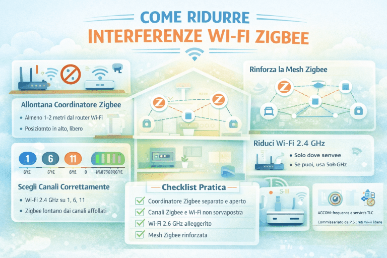 Infografica premium su come ridurre le interferenze Wi-Fi e Zigbee in una smart home, con schema di rete domestica, distanza tra coordinatore Zigbee e router Wi-Fi, scelta dei canali 2,4 GHz, rinforzo della mesh Zigbee e checklist pratica, in stile moderno con colori chiari.
