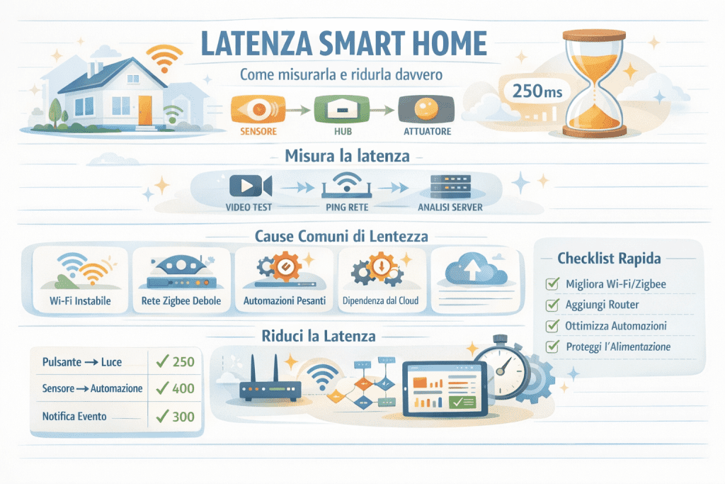 Infografica premium sulla latenza nella smart home che mostra come misurarla e ridurla davvero: schema sensore–hub–attuatore, metodi di misurazione (video test, ping di rete, analisi server), cause comuni di lentezza come Wi-Fi instabile, rete Zigbee debole, automazioni pesanti e dipendenza dal cloud, obiettivi di latenza in millisecondi e checklist pratica per migliorare reattività, rete e automazioni.