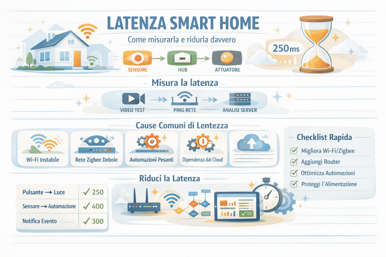 Infografica premium sulla latenza nella smart home che mostra come misurarla e ridurla davvero: schema sensore–hub–attuatore, metodi di misurazione (video test, ping di rete, analisi server), cause comuni di lentezza come Wi-Fi instabile, rete Zigbee debole, automazioni pesanti e dipendenza dal cloud, obiettivi di latenza in millisecondi e checklist pratica per migliorare reattività, rete e automazioni.