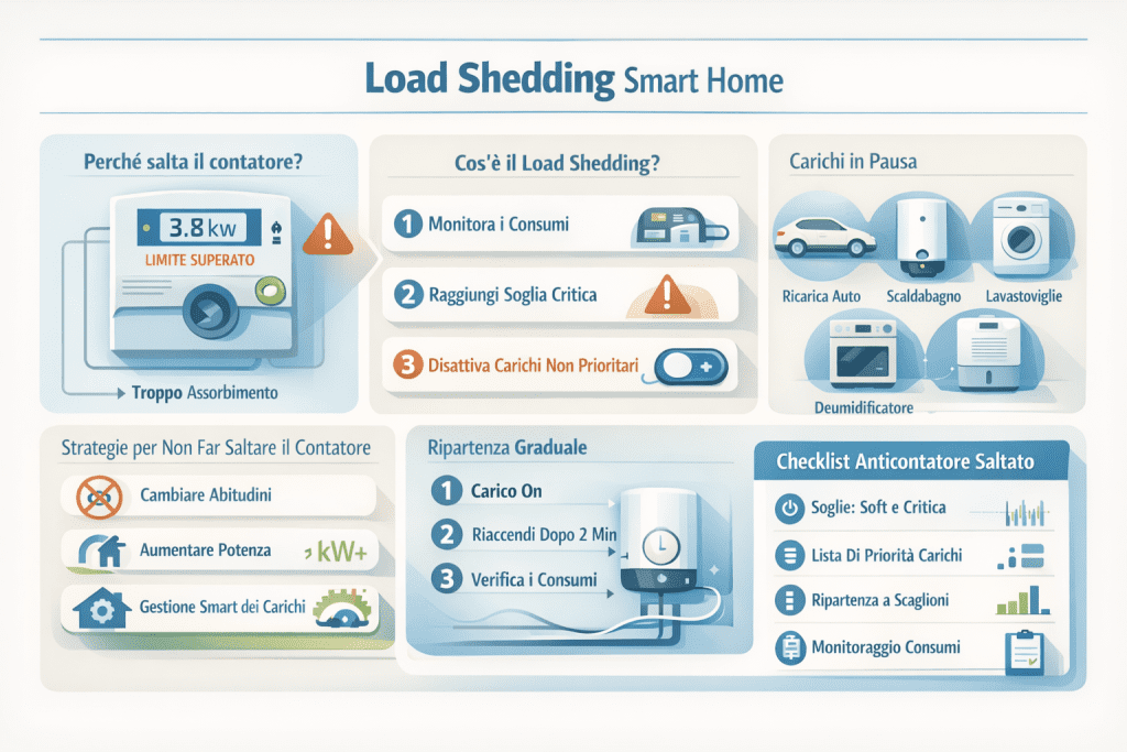 Infografica sul load shedding in smart home che mostra come evitare che salti il contatore: monitoraggio dei consumi, soglie di potenza, gestione dei carichi non prioritari, ripartenza graduale e checklist per prevenire i distacchi di corrente.