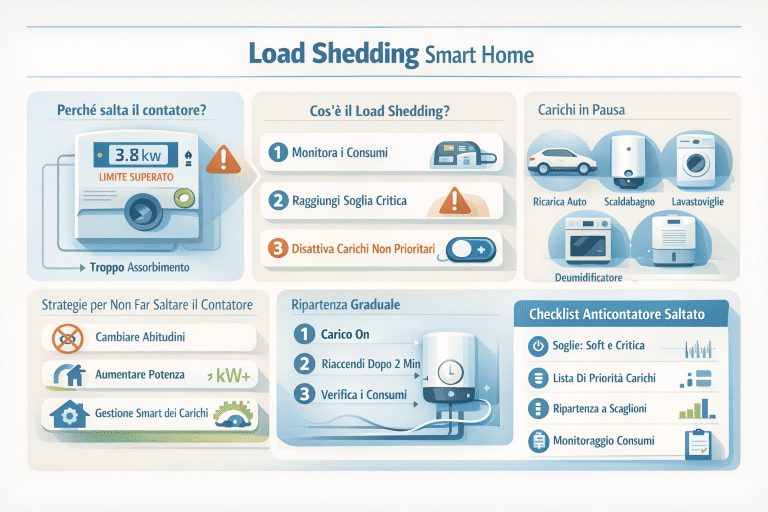 Infografica sul load shedding in smart home che mostra come evitare che salti il contatore: monitoraggio dei consumi, soglie di potenza, gestione dei carichi non prioritari, ripartenza graduale e checklist per prevenire i distacchi di corrente.