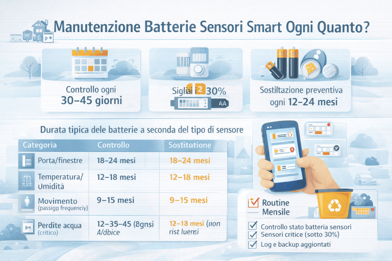 Infografica sulla manutenzione delle batterie dei sensori smart che spiega ogni quanto controllarle e sostituirle, con intervalli consigliati, soglie di batteria, durata media per tipo di sensore, routine mensile e buone pratiche per mantenere la smart home affidabile.
