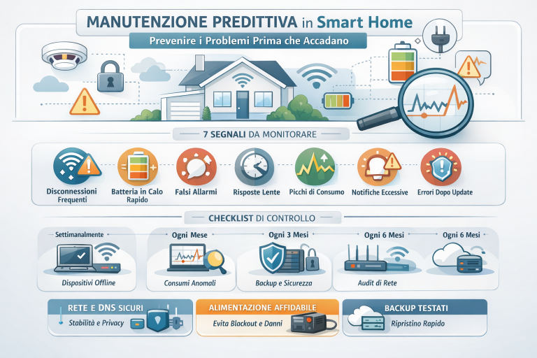 Infografica premium sulla manutenzione predittiva in smart home che mostra una casa intelligente con icone di monitoraggio, batterie, rete, sicurezza, grafici dei consumi e checklist di controllo per prevenire guasti e problemi prima che accadano.