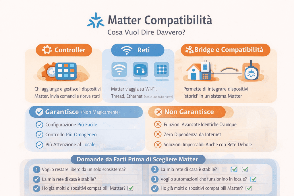 Infografica “Matter compatibilità: cosa vuol dire davvero?” in stile premium con colori chiari. L’immagine spiega il significato pratico della compatibilità Matter nella smart home, mostrando il ruolo del controller, le reti supportate (Wi-Fi, Thread, Ethernet), l’uso dei bridge per integrare dispositivi esistenti, cosa Matter garantisce davvero (configurazione più semplice, controllo più omogeneo, maggiore attenzione al controllo locale) e cosa non garantisce (funzioni avanzate identiche ovunque, totale indipendenza da internet, stabilità con rete domestica debole). In basso una sezione con le domande chiave da porsi prima di scegliere dispositivi compatibili Matter.