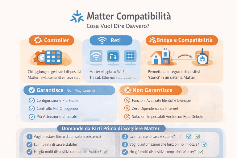 Infografica “Matter compatibilità: cosa vuol dire davvero?” in stile premium con colori chiari. L’immagine spiega il significato pratico della compatibilità Matter nella smart home, mostrando il ruolo del controller, le reti supportate (Wi-Fi, Thread, Ethernet), l’uso dei bridge per integrare dispositivi esistenti, cosa Matter garantisce davvero (configurazione più semplice, controllo più omogeneo, maggiore attenzione al controllo locale) e cosa non garantisce (funzioni avanzate identiche ovunque, totale indipendenza da internet, stabilità con rete domestica debole). In basso una sezione con le domande chiave da porsi prima di scegliere dispositivi compatibili Matter.