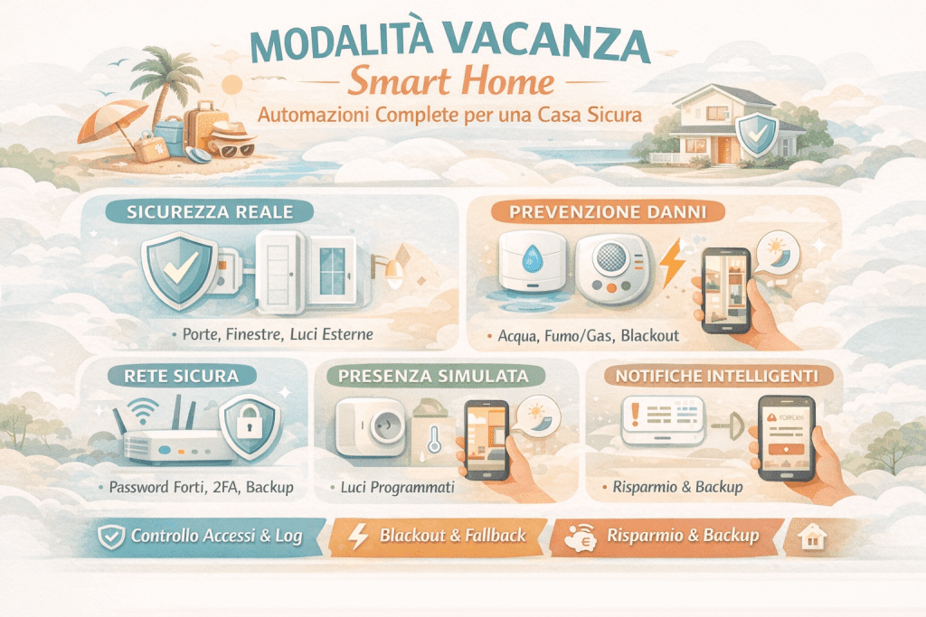 Infografica sulla modalità vacanza smart home con automazioni complete: sicurezza per porte e finestre, prevenzione danni da acqua, fumo e blackout, rete sicura con backup, presenza simulata con luci programmate e notifiche intelligenti per una casa protetta mentre sei in vacanza.