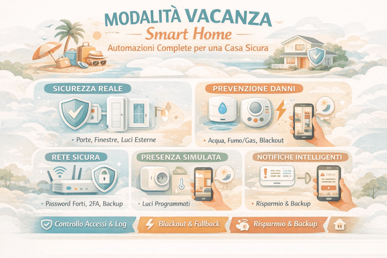 Infografica sulla modalità vacanza smart home con automazioni complete: sicurezza per porte e finestre, prevenzione danni da acqua, fumo e blackout, rete sicura con backup, presenza simulata con luci programmate e notifiche intelligenti per una casa protetta mentre sei in vacanza.