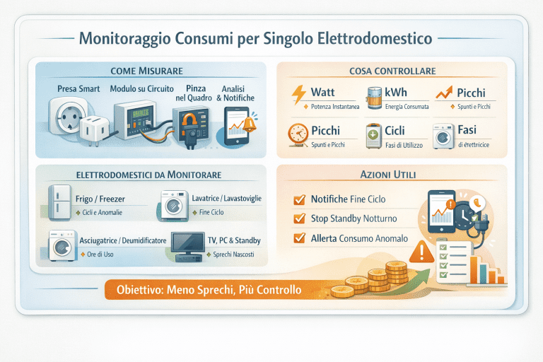 Infografica sul monitoraggio consumi per singolo elettrodomestico con metodi di misurazione (presa smart, modulo su circuito, pinza nel quadro, analisi e notifiche), cosa controllare (Watt, kWh, picchi, cicli e fasi), elettrodomestici da monitorare e azioni utili come notifiche fine ciclo, stop standby notturno e allerta consumi anomali.