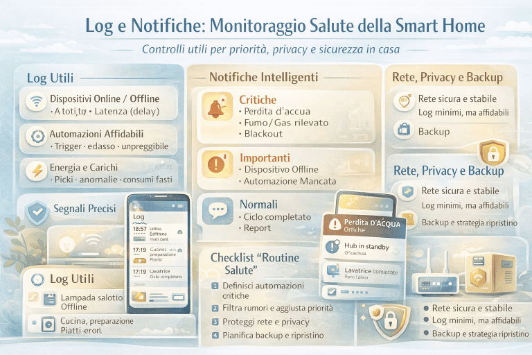 Infografica sul monitoraggio della salute della smart home con log e notifiche intelligenti, gestione delle priorità, controllo dispositivi online e offline, sicurezza, privacy, rete domestica e strategie di backup.