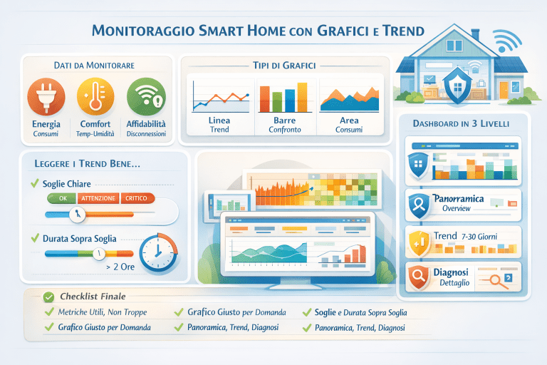 Infografica premium in italiano sul monitoraggio smart home con grafici e trend: panoramica dei dati chiave (energia, comfort, affidabilità, sicurezza), grafici consigliati (linee, barre, aree e heatmap), lettura corretta dei trend con soglie e durata sopra soglia, struttura a 3 livelli della dashboard (panoramica, trend, diagnosi) e checklist finale per usare i grafici in modo efficace.