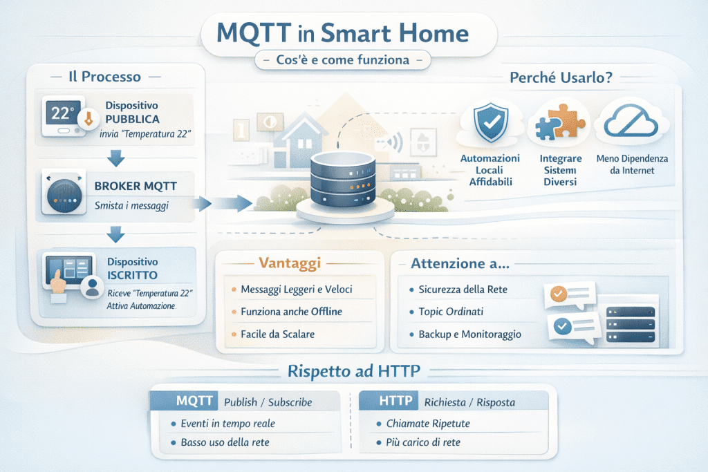 Infografica “MQTT in Smart Home – cos’è e come funziona” in stile premium con colori chiari. L’immagine mostra il funzionamento del protocollo MQTT nella smart home: un dispositivo che pubblica un messaggio (publish), un broker MQTT centrale che smista i dati e uno o più dispositivi iscritti (subscribe) che ricevono l’informazione e attivano automazioni. Sono evidenziati i vantaggi principali di MQTT (messaggi leggeri e veloci, automazioni locali affidabili, integrazione tra sistemi diversi e minore dipendenza da internet), le attenzioni da considerare (sicurezza della rete, organizzazione dei topic, backup e monitoraggio) e un confronto visivo tra MQTT e HTTP, dove MQTT usa il modello publish/subscribe mentre HTTP funziona a richiesta/risposta con maggiore carico di rete.