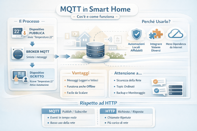 Infografica “MQTT in Smart Home – cos’è e come funziona” in stile premium con colori chiari. L’immagine mostra il funzionamento del protocollo MQTT nella smart home: un dispositivo che pubblica un messaggio (publish), un broker MQTT centrale che smista i dati e uno o più dispositivi iscritti (subscribe) che ricevono l’informazione e attivano automazioni. Sono evidenziati i vantaggi principali di MQTT (messaggi leggeri e veloci, automazioni locali affidabili, integrazione tra sistemi diversi e minore dipendenza da internet), le attenzioni da considerare (sicurezza della rete, organizzazione dei topic, backup e monitoraggio) e un confronto visivo tra MQTT e HTTP, dove MQTT usa il modello publish/subscribe mentre HTTP funziona a richiesta/risposta con maggiore carico di rete.