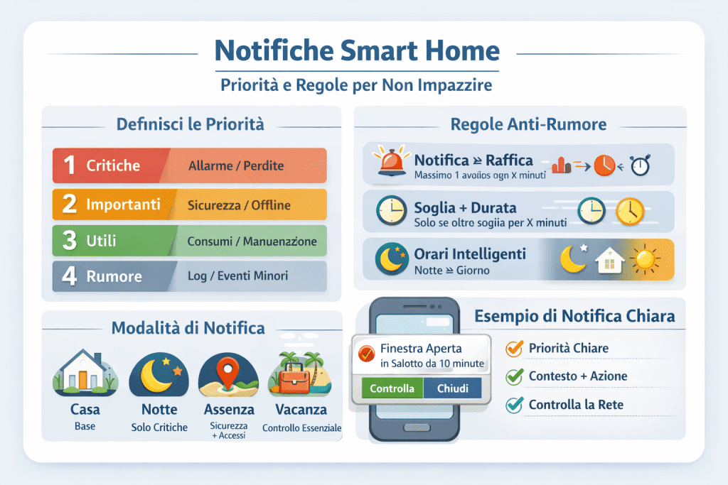 Infografica in italiano sulle notifiche smart home con priorità e regole anti-rumore: livelli Critiche/Importanti/Utili/Rumore, regole soglia+durata e anti-raffica, modalità Casa/Notte/Assenza/Vacanza ed esempio di notifica chiara con azioni rapide.