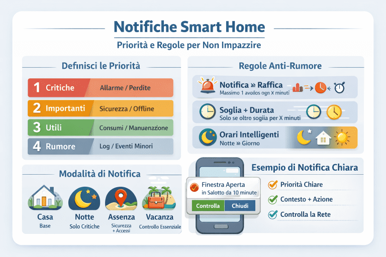 Infografica in italiano sulle notifiche smart home con priorità e regole anti-rumore: livelli Critiche/Importanti/Utili/Rumore, regole soglia+durata e anti-raffica, modalità Casa/Notte/Assenza/Vacanza ed esempio di notifica chiara con azioni rapide.