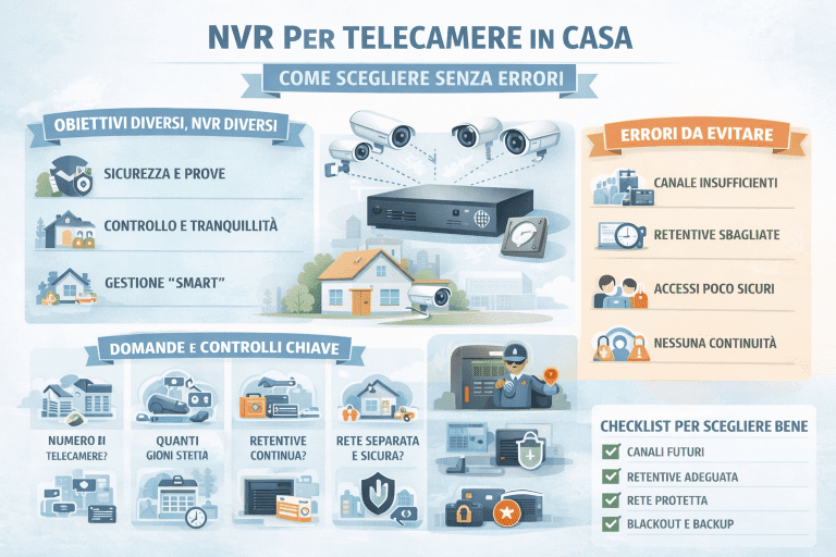 Infografica su come scegliere un NVR per telecamere in casa: obiettivi di sicurezza e controllo, errori da evitare, domande chiave su numero di telecamere, retention, rete separata, sicurezza degli accessi, continuità elettrica e checklist per una videosorveglianza domestica affidabile.