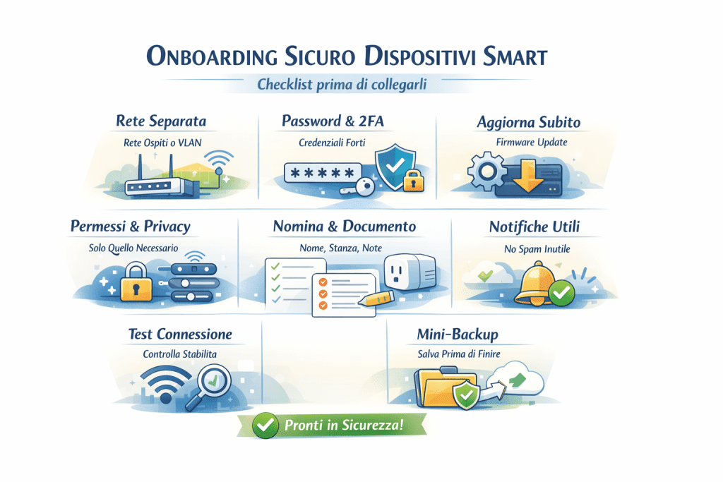 Infografica premium “Onboarding sicuro dispositivi smart” con checklist prima di collegarli: rete separata (ospiti/VLAN), password e 2FA, aggiornamento firmware, permessi e privacy, nomina e documentazione, notifiche utili, test connessione e mini-backup, in stile chiaro e moderno.