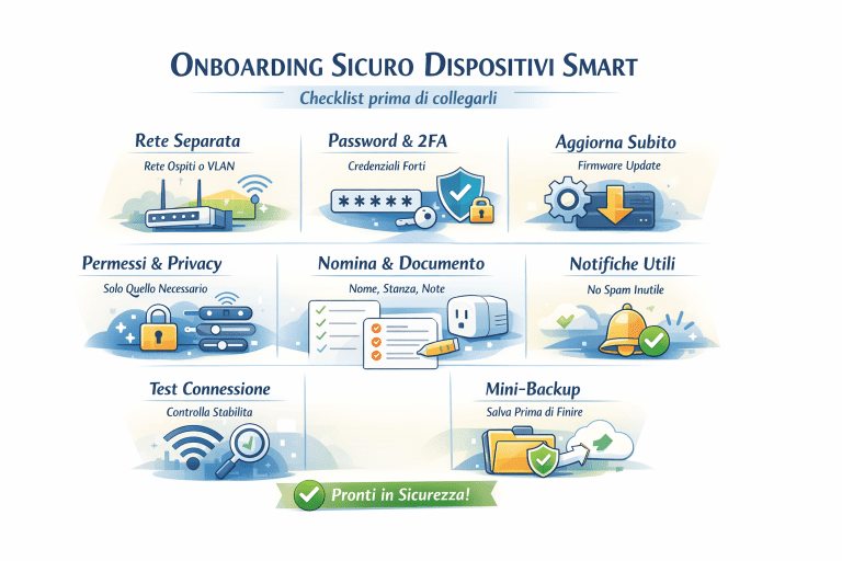 Infografica premium “Onboarding sicuro dispositivi smart” con checklist prima di collegarli: rete separata (ospiti/VLAN), password e 2FA, aggiornamento firmware, permessi e privacy, nomina e documentazione, notifiche utili, test connessione e mini-backup, in stile chiaro e moderno.