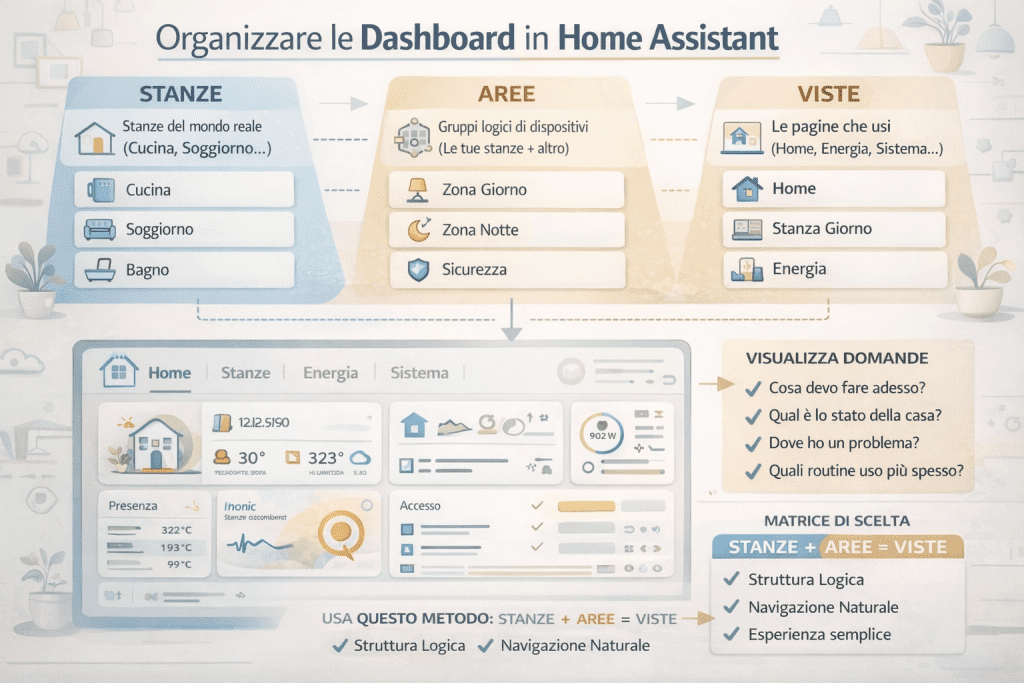 Infografica che spiega come organizzare le dashboard in Home Assistant usando stanze, aree e viste, mostrando la struttura logica dei dispositivi, la navigazione delle viste e un metodo chiaro per creare un’interfaccia semplice e intuitiva nella smart home.