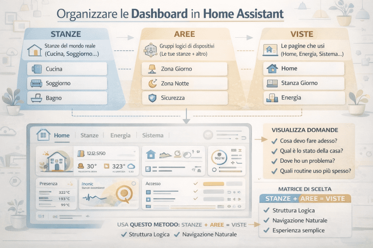 Infografica che spiega come organizzare le dashboard in Home Assistant usando stanze, aree e viste, mostrando la struttura logica dei dispositivi, la navigazione delle viste e un metodo chiaro per creare un’interfaccia semplice e intuitiva nella smart home.