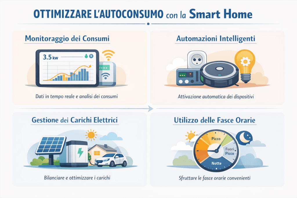 Infografica premium che mostra come ottimizzare l’autoconsumo con la smart home: monitoraggio dei consumi, automazioni intelligenti, gestione dei carichi elettrici e utilizzo delle fasce orarie per ridurre sprechi e aumentare l’efficienza energetica domestica.