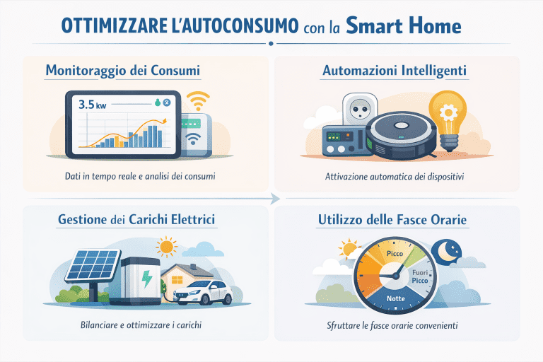Infografica premium che mostra come ottimizzare l’autoconsumo con la smart home: monitoraggio dei consumi, automazioni intelligenti, gestione dei carichi elettrici e utilizzo delle fasce orarie per ridurre sprechi e aumentare l’efficienza energetica domestica.