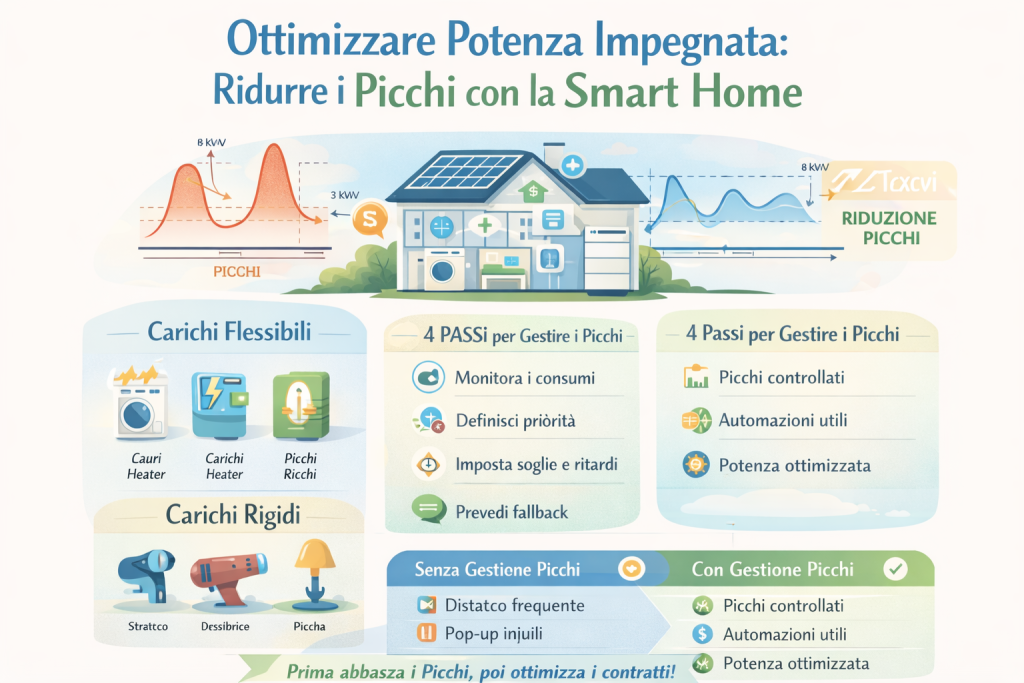 Infografica che spiega come ottimizzare la potenza impegnata con la smart home: confronto tra picchi di consumo prima e dopo la gestione intelligente, casa con monitoraggio dei carichi, priorità, soglie e automazioni per ridurre i picchi ed evitare distacchi del contatore.