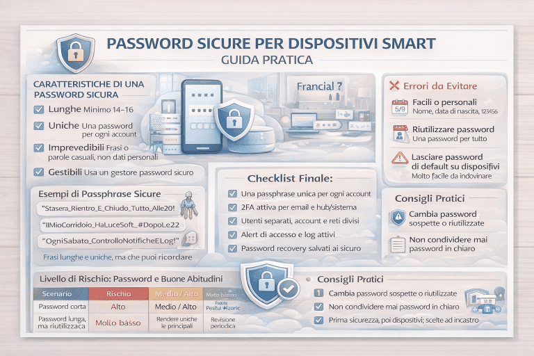 Infografica sulle password sicure per dispositivi smart che spiega come creare passphrase forti e uniche, quali caratteristiche rendono una password davvero sicura, gli errori più comuni da evitare, esempi pratici, livelli di rischio e una checklist finale per proteggere account e smart home.