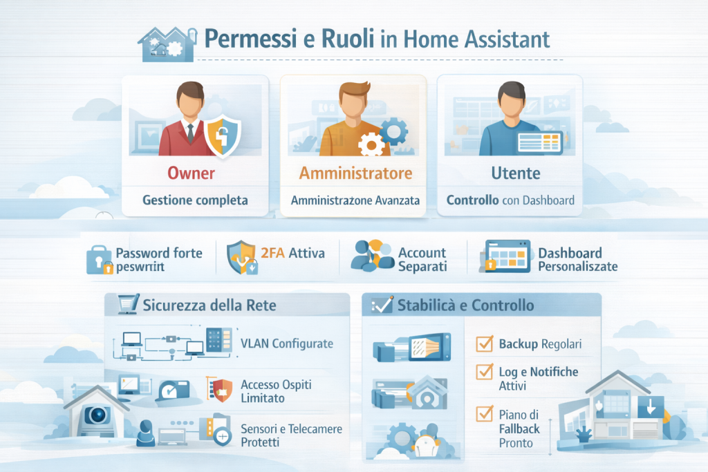 Infografica sui permessi e ruoli in Home Assistant che mostra le differenze tra Owner, Amministratore e Utente, con buone pratiche di sicurezza come password forti e 2FA, dashboard personalizzate, protezione della rete e strumenti di stabilità come backup, log e piano di fallback.