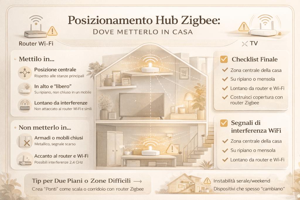 Infografica premium in italiano sul posizionamento dell’hub Zigbee in casa: illustrazione di un’abitazione su due piani con hub posizionato in zona centrale e in alto, indicazioni su dove metterlo e dove evitarlo, segnali di interferenze Wi-Fi, suggerimenti per creare punti ponte con router Zigbee e checklist finale per ottenere una rete Zigbee stabile e affidabile.