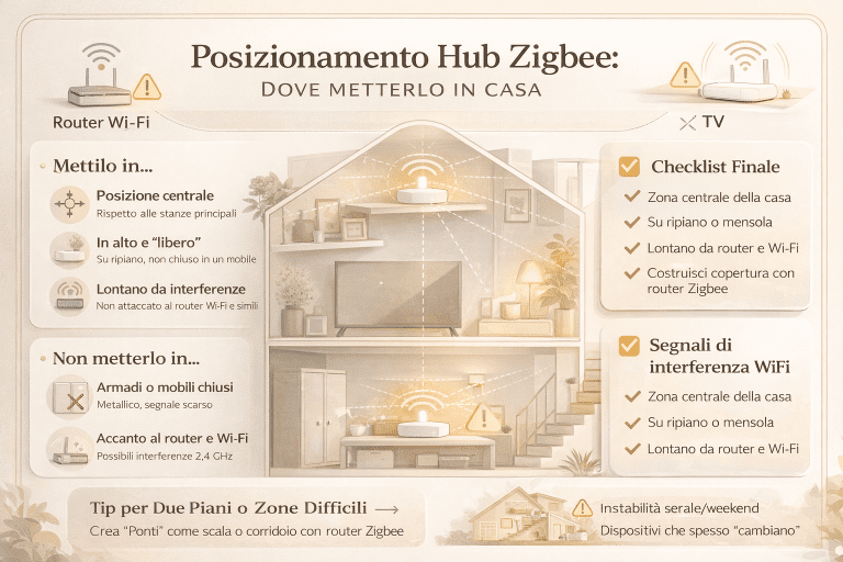 Infografica premium in italiano sul posizionamento dell’hub Zigbee in casa: illustrazione di un’abitazione su due piani con hub posizionato in zona centrale e in alto, indicazioni su dove metterlo e dove evitarlo, segnali di interferenze Wi-Fi, suggerimenti per creare punti ponte con router Zigbee e checklist finale per ottenere una rete Zigbee stabile e affidabile.