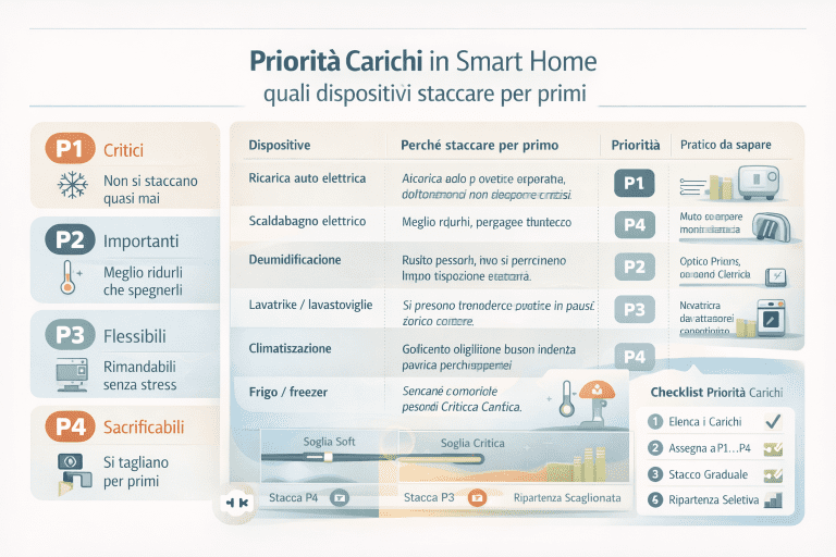 Infografica sulle priorità dei carichi in smart home che mostra quali dispositivi staccare per primi: livelli di priorità P1–P4, esempi di elettrodomestici critici e flessibili, gestione dei picchi di potenza e ripartenza graduale per evitare che salti il contatore.