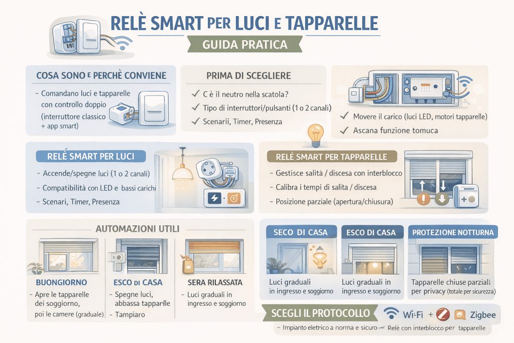 Infografica sui relè smart per luci e tapparelle che spiega cosa sono, come sceglierli in base all’impianto elettrico, le differenze tra relè per luci e per tapparelle, le automazioni utili e i criteri di sicurezza per una casa intelligente affidabile.