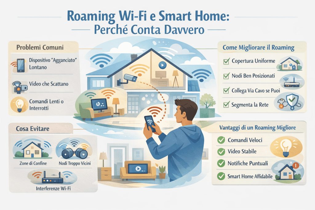 Infografica premium dai colori chiari intitolata “Roaming Wi-Fi e Smart Home: perché conta davvero”, con una casa su più piani al centro e segnali Wi-Fi che mostrano il passaggio tra diversi punti di accesso. A sinistra la sezione “Problemi comuni” evidenzia dispositivi agganciati al nodo lontano, video che scattano e comandi lenti o interrotti. In basso a sinistra “Cosa evitare” mostra zone di confine, nodi troppo vicini e interferenze Wi-Fi. A destra “Come migliorare il roaming” indica copertura uniforme, nodi ben posizionati, collegamento via cavo se possibile e segmentazione della rete. In basso a destra “Vantaggi di un roaming migliore” elenca comandi veloci, video stabile, notifiche puntuali e una smart home più affidabile, con icone di conferma e stile pulito e professionale.