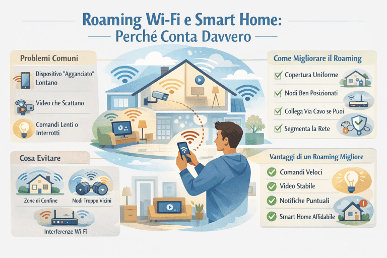 Infografica premium dai colori chiari intitolata “Roaming Wi-Fi e Smart Home: perché conta davvero”, con una casa su più piani al centro e segnali Wi-Fi che mostrano il passaggio tra diversi punti di accesso. A sinistra la sezione “Problemi comuni” evidenzia dispositivi agganciati al nodo lontano, video che scattano e comandi lenti o interrotti. In basso a sinistra “Cosa evitare” mostra zone di confine, nodi troppo vicini e interferenze Wi-Fi. A destra “Come migliorare il roaming” indica copertura uniforme, nodi ben posizionati, collegamento via cavo se possibile e segmentazione della rete. In basso a destra “Vantaggi di un roaming migliore” elenca comandi veloci, video stabile, notifiche puntuali e una smart home più affidabile, con icone di conferma e stile pulito e professionale.