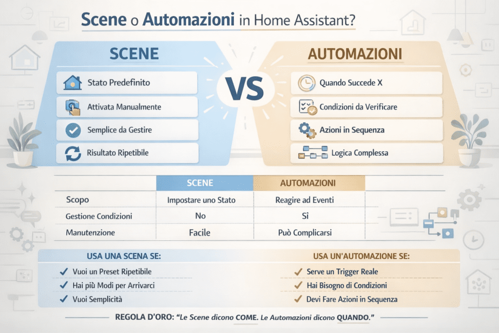 Infografica che confronta scene e automazioni in Home Assistant: le scene definiscono uno stato predefinito e ripetibile, le automazioni reagiscono a eventi con trigger, condizioni e azioni, spiegando quando usare ciascuna soluzione nella smart home.