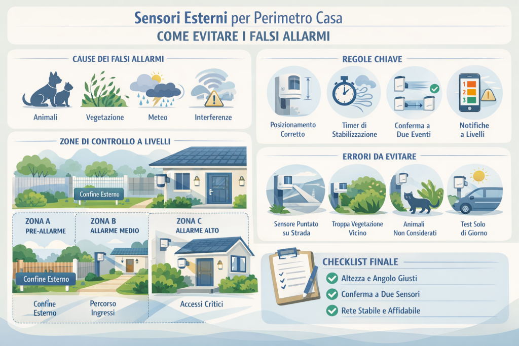 Infografica sui sensori esterni per il perimetro di casa che spiega come evitare i falsi allarmi, con cause principali (animali, vegetazione, meteo, interferenze), regole chiave, zone di controllo a livelli e checklist finale per un sistema affidabile.