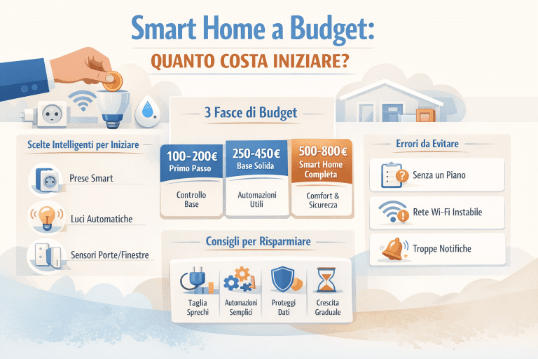Infografica sulla smart home a budget che spiega quanto costa iniziare: tre fasce di spesa (100–200€, 250–450€, 500–800€), dispositivi consigliati come prese smart, luci automatiche e sensori porte e finestre, errori da evitare e consigli per risparmiare con automazioni semplici e crescita graduale.