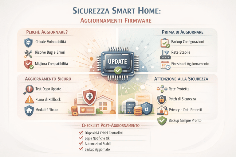 Infografica in stile premium dai colori chiari intitolata “Sicurezza Smart Home: Aggiornamenti Firmware”, che spiega perché aggiornare i dispositivi smart, cosa fare prima di un aggiornamento (backup e rete stabile), come aggiornare in modo sicuro (test, rollback e modalità sicura) e come proteggere la sicurezza dopo l’update, con una checklist finale per controllare dispositivi critici, log, automazioni e backup.