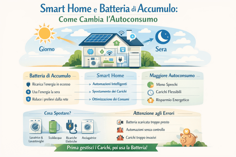 Infografica che mostra come smart home e batteria di accumulo aumentano l’autoconsumo: di giorno l’energia solare alimenta la casa e ricarica la batteria, la sera i consumi sono coperti dall’energia accumulata grazie ad automazioni intelligenti e gestione dei carichi.