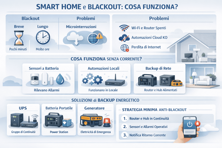 Infografica premium su smart home e blackout che mostra cosa funziona senza corrente: sensori a batteria, automazioni locali, backup di rete, soluzioni di continuità e strategia minima anti-blackout con router e hub alimentati.
