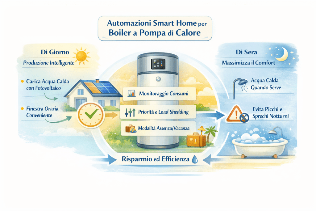 Infografica che mostra le automazioni smart home per boiler a pompa di calore: di giorno ricarica intelligente dell’acqua calda con fotovoltaico e finestre orarie convenienti; al centro monitoraggio dei consumi, priorità carichi e load shedding, modalità assenza/vacanza; di sera acqua calda quando serve, riduzione dei picchi e degli sprechi notturni per massimizzare risparmio ed efficienza.