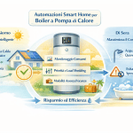 Infografica che mostra le automazioni smart home per boiler a pompa di calore: di giorno ricarica intelligente dell’acqua calda con fotovoltaico e finestre orarie convenienti; al centro monitoraggio dei consumi, priorità carichi e load shedding, modalità assenza/vacanza; di sera acqua calda quando serve, riduzione dei picchi e degli sprechi notturni per massimizzare risparmio ed efficienza.
