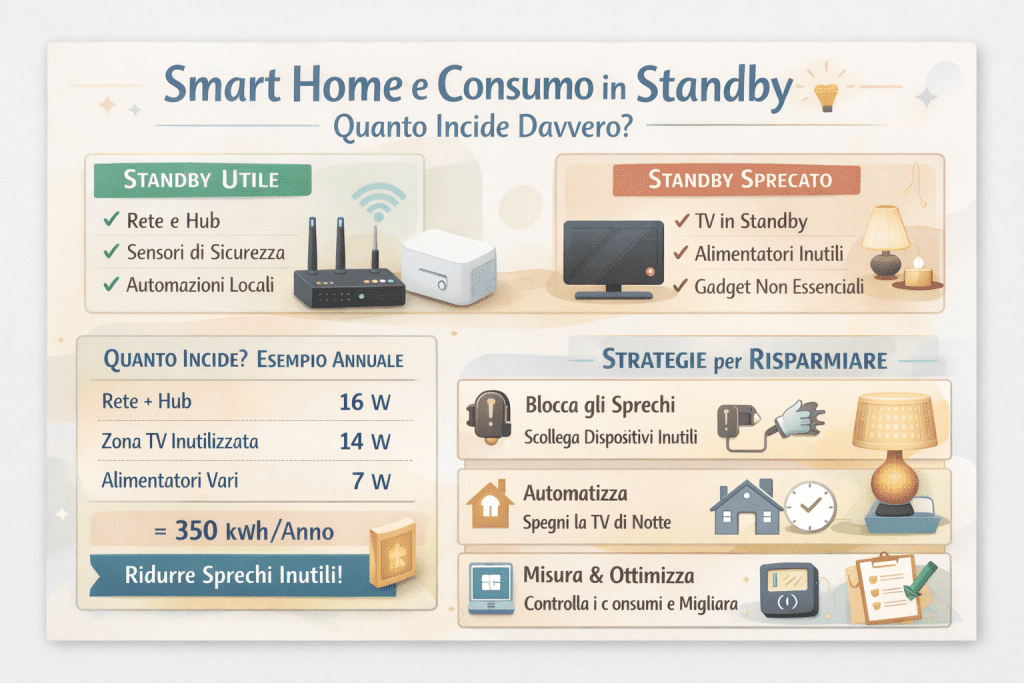 Infografica premium “Smart Home e Consumo in Standby” che confronta standby utile (rete e hub, sensori di sicurezza, automazioni locali) e standby sprecato (TV in standby, alimentatori inutili, gadget non essenziali), con esempio di consumo annuo in Watt e kWh e strategie per risparmiare: scollegare sprechi, automatizzare lo spegnimento notturno e misurare i consumi.